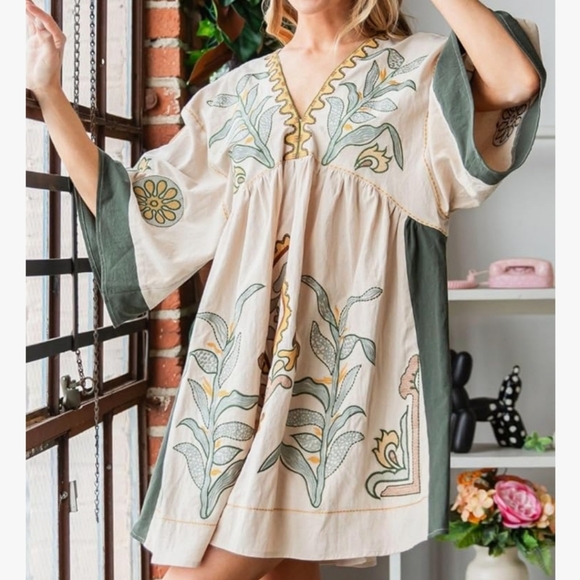 Womens Floral Embroidered Loose Fit V Neck Babydoll Dress - Picture 8 of 9